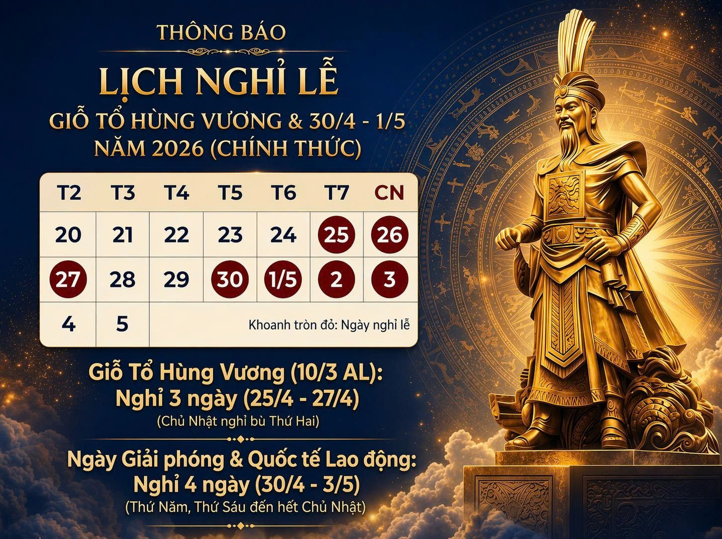 Nghỉ giao dịch nhân dịp Giỗ Tổ Hùng Vương, Ngày Giải phóng Miền Nam 30/04 và Ngày Quốc tế Lao động 01/05 năm 2026